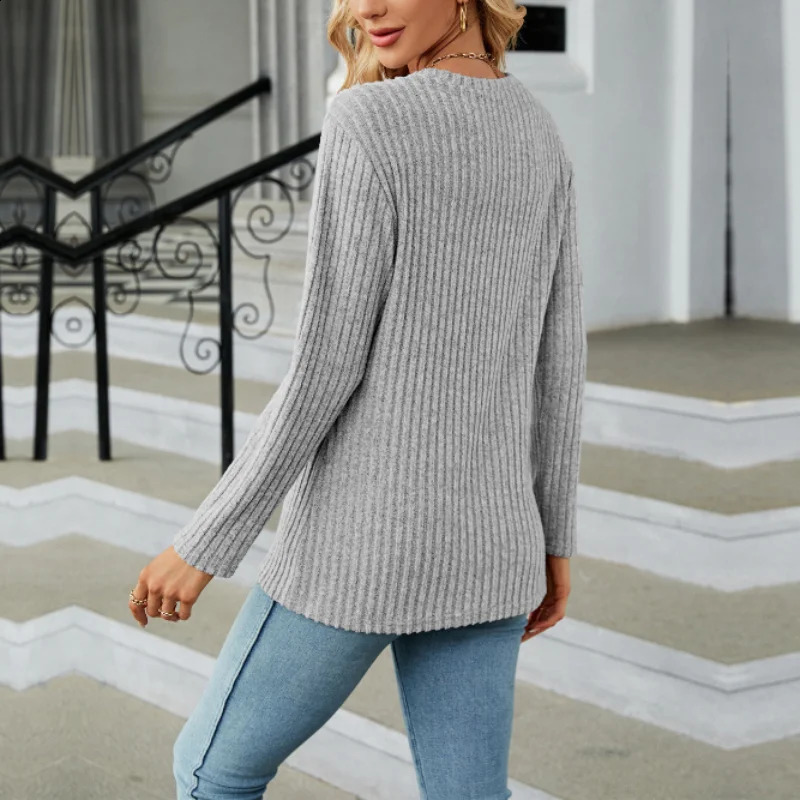Womens clothing autumn and winter fashion patchwork button round neck long sleeved solid color zipper sweater w240824