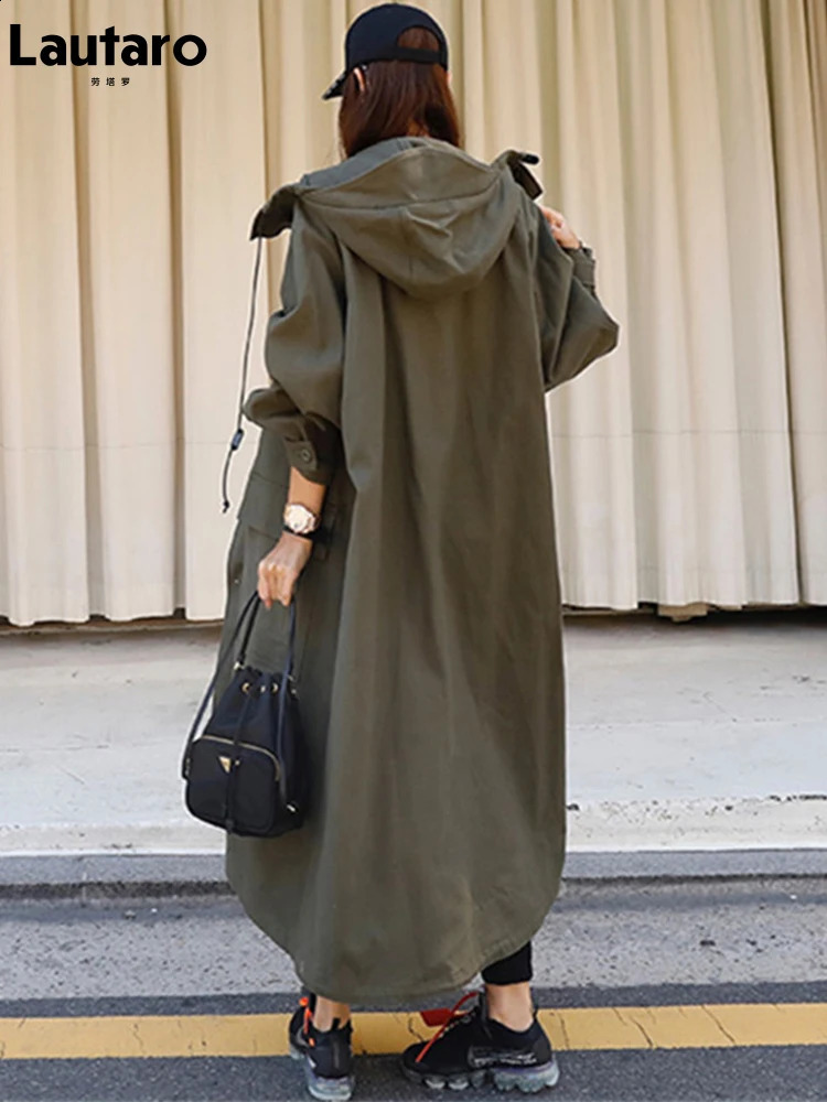 Lautaro Spring Autumn Long ArmyGreen Oversized Waterproof Windbreaker Women Hood Zip Up Casual Loose Bf Varsity Raincoat 240822