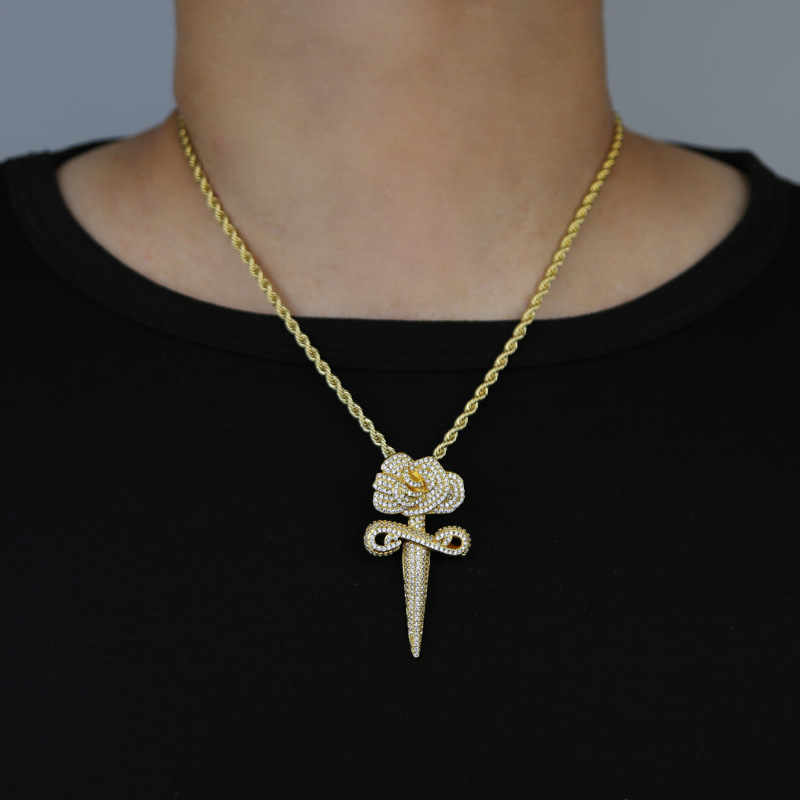 Hip Hop Rose Flower Cross Pendant Necklace 5A Zircon White Gold Plated Religious Jewelry
