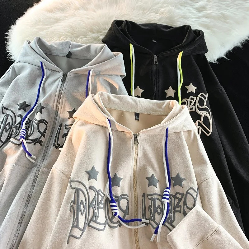 Faux Suede Hoodie Gothic Foaming Printing Zip-up Hoodies Colour Blocking Drawstring n Y2k Hooded Coat Man Women Coats 240823