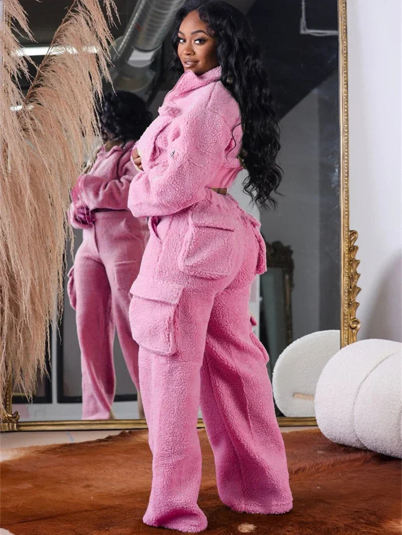 Street clothing wool 2piece set womens winter warm jacket top pocket cargo pants twece