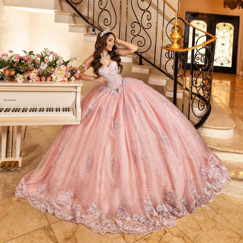 Shiny Pink Sweetheart Quinceanera Dresses Ball Gown Sequined Appliques Lace Beads Tull Sweet Dress Vestidos De XV Anos D