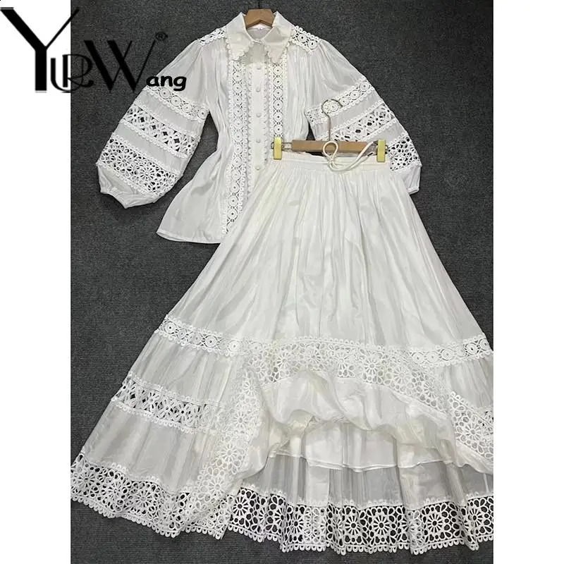 Getspring Women Shirt Skirts Sets Lantern Sleeve Hook Flower Hollow Shirt Tops High Waist Vintage Long Skirts Two-piece Suit 240823
