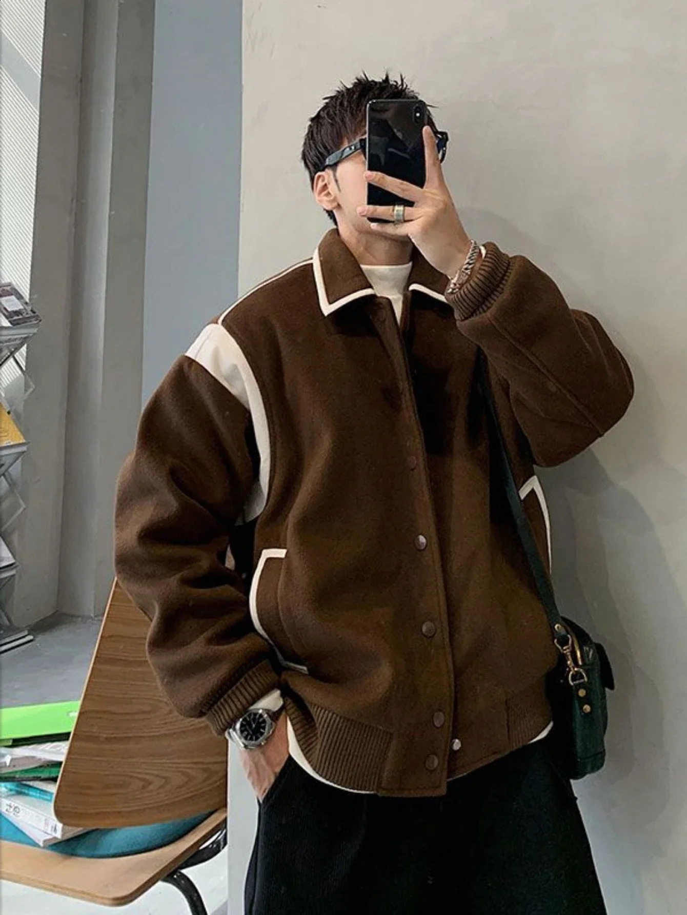 Korean style spliced woolen jacket mens autumn and winter trendy Japanese retro high-end top high street work jackets top 240815