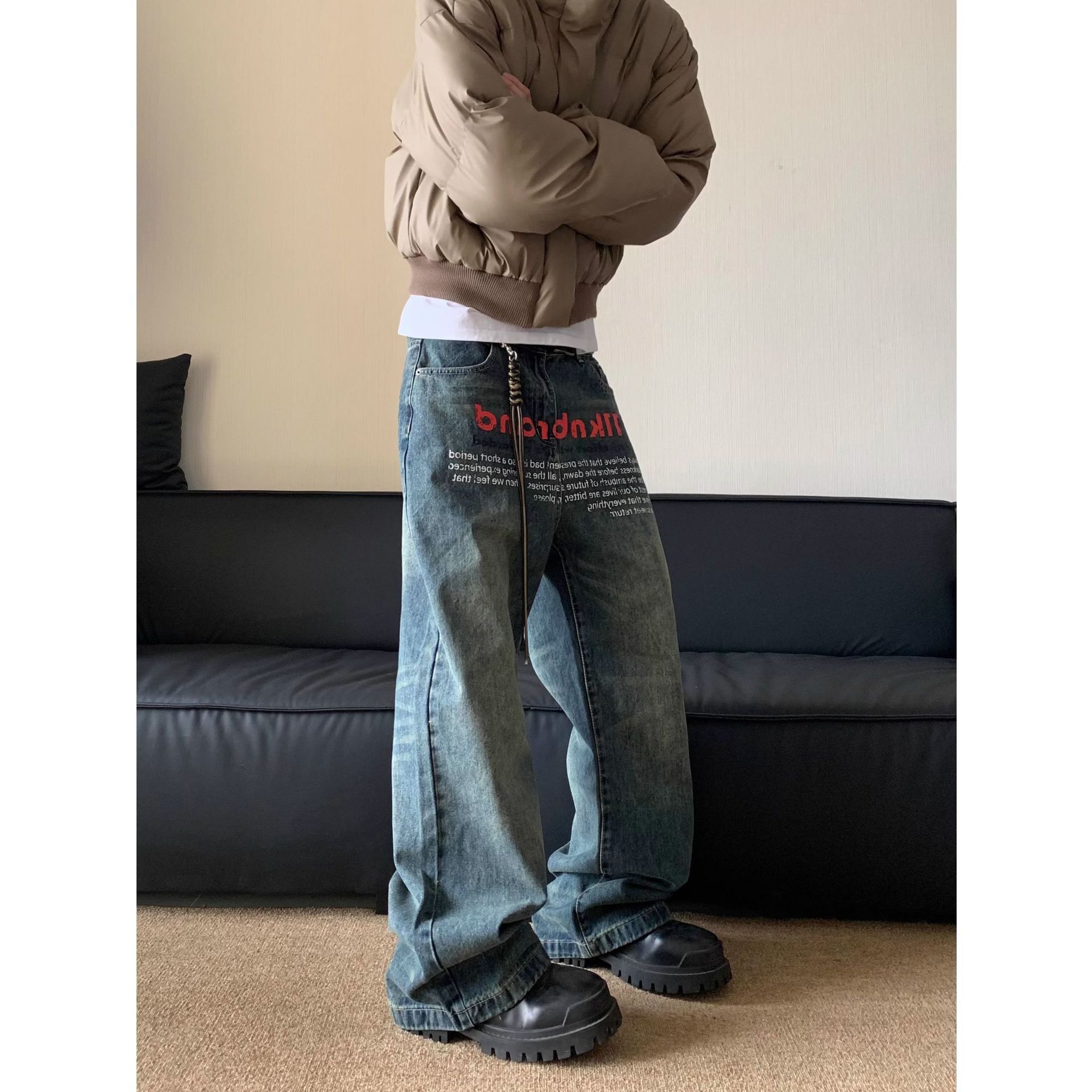 American Washed Vintage Printed Jeans Trendy Mens Spring New Style Loose Design Straight Leg Pants