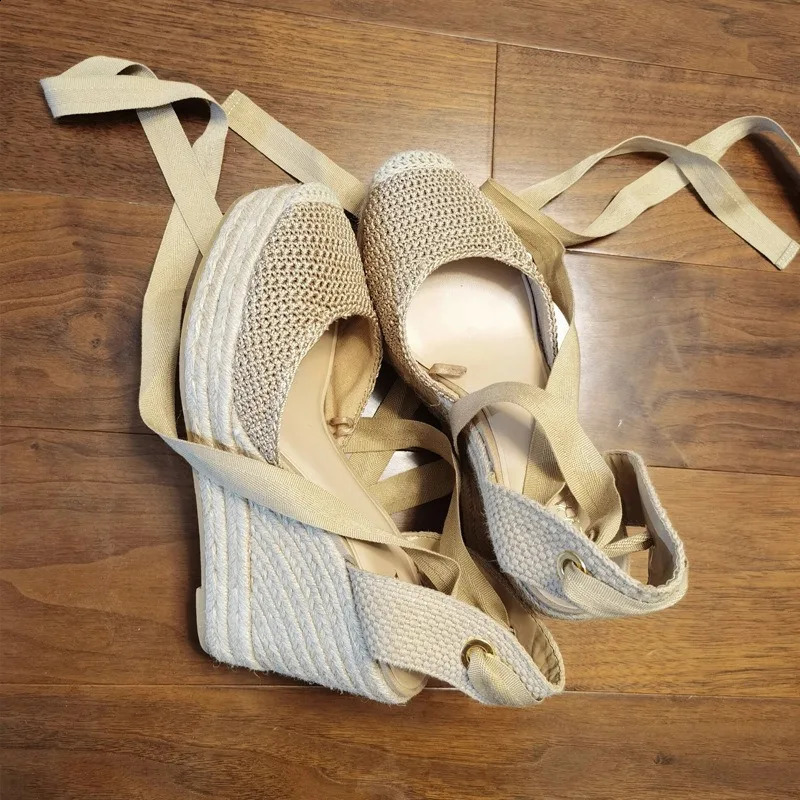 2024 Summer Thick-soled Linen-grass Shoes Woven Hollow Strap Wedge High Heeled Sandals For Women 240819