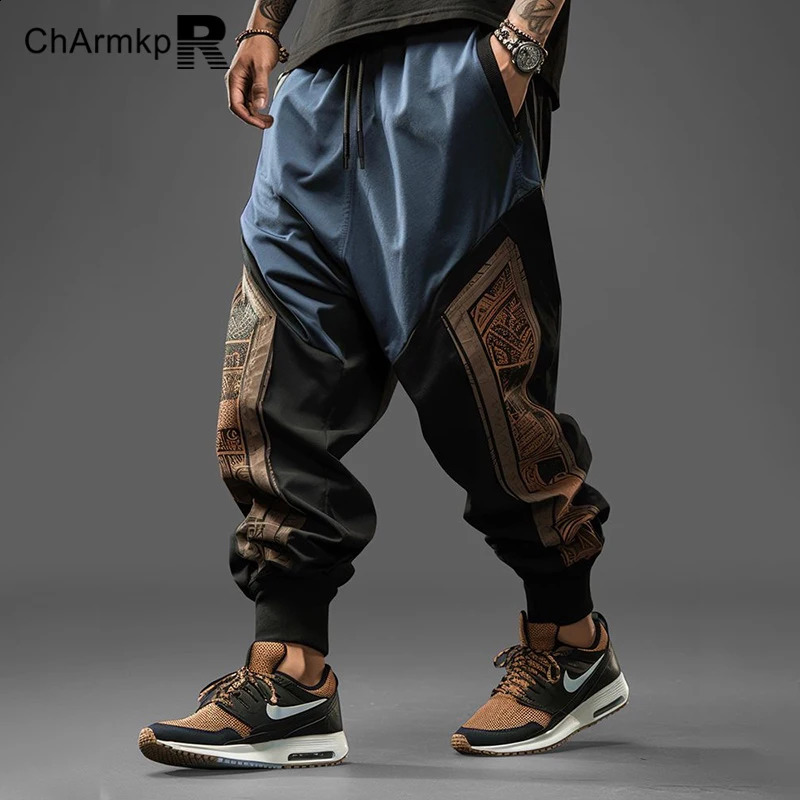 Summer Long Pants Men Clothing Vintage Ethnic Pattern Patchwork Drawstring Waist Loose Pants Trouser Streetwear Sweatpant 240823