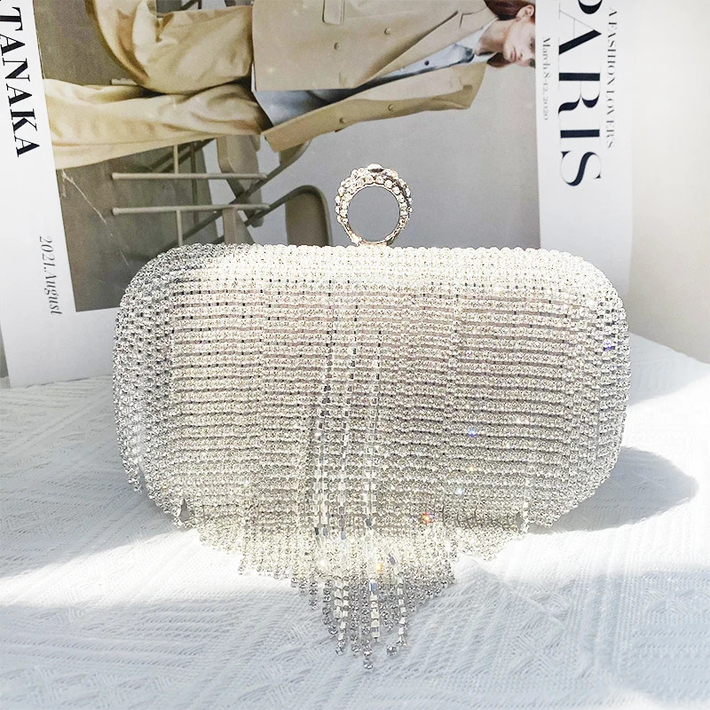 Fashion rhinestone wedding handbag womens clutch bag ring diamond tassel party 240823