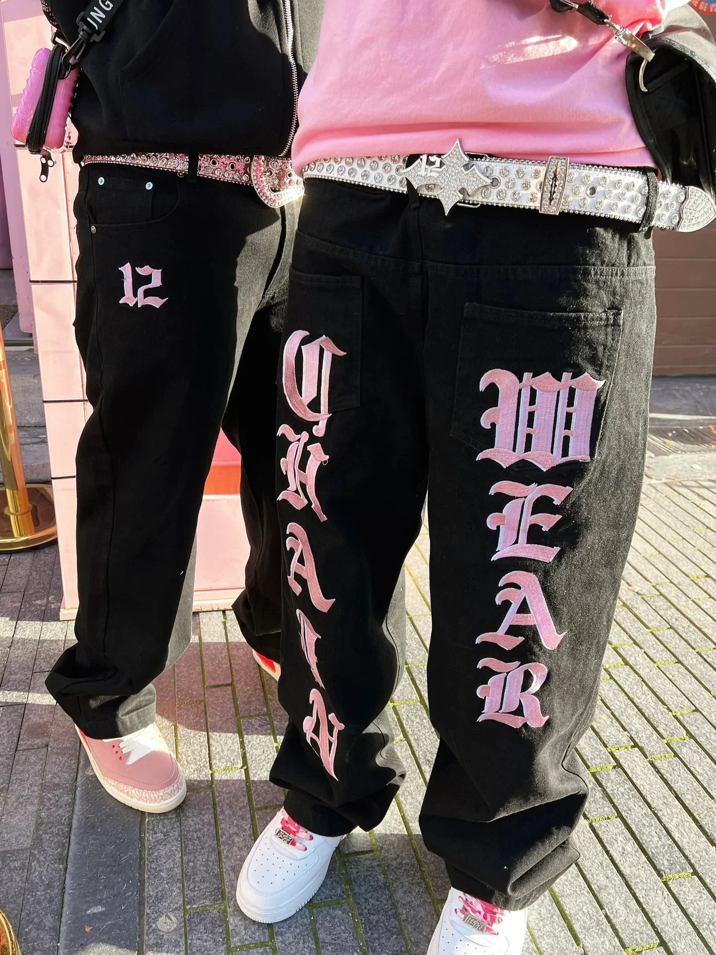 Y2k American Street Pink Letter Pattern Jeans for Men and Women Loose Straight Wide Leg Grunge Fashion Loose Black Jeans Fall 240814
