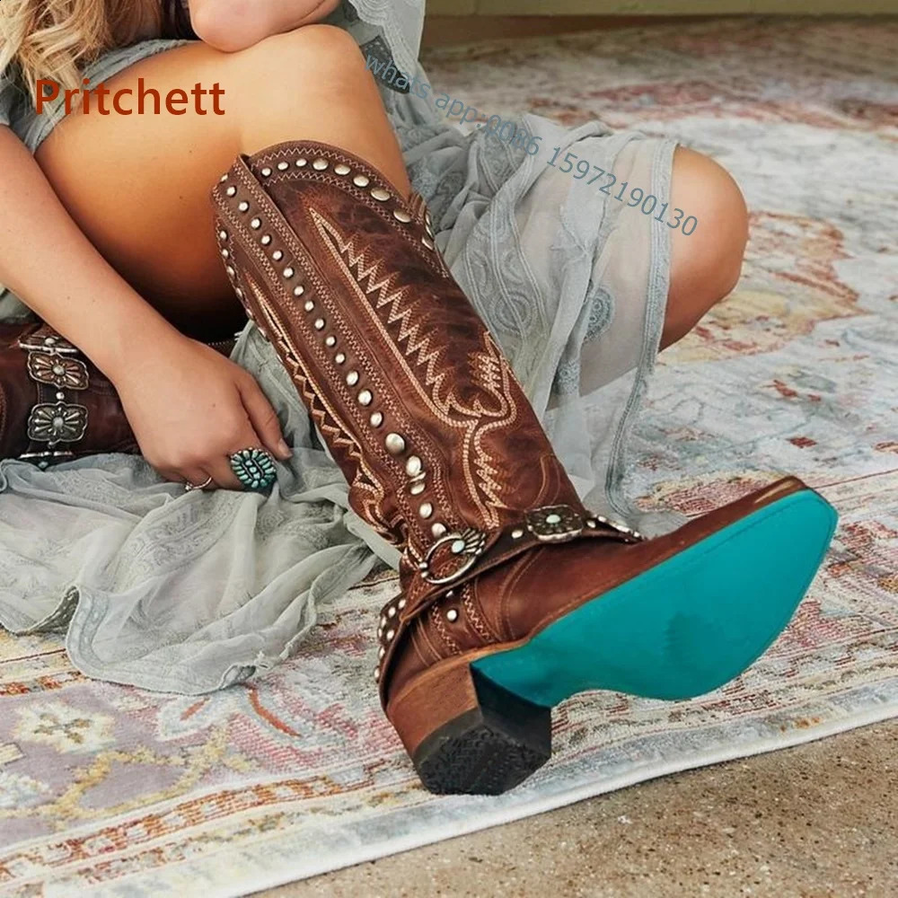 Rivet Embroidered Cowboy Boots with Toe Zipper Adult Womens Knight Boots Metal Decorative Punk Square Boots Winter Casual Shoes 240823