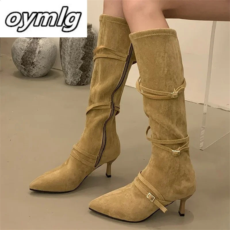 2024 Winter Retro Fold Belt Stacked Boots with Cornered Mid Barrel Inner High Western Cowboy Boots 240823