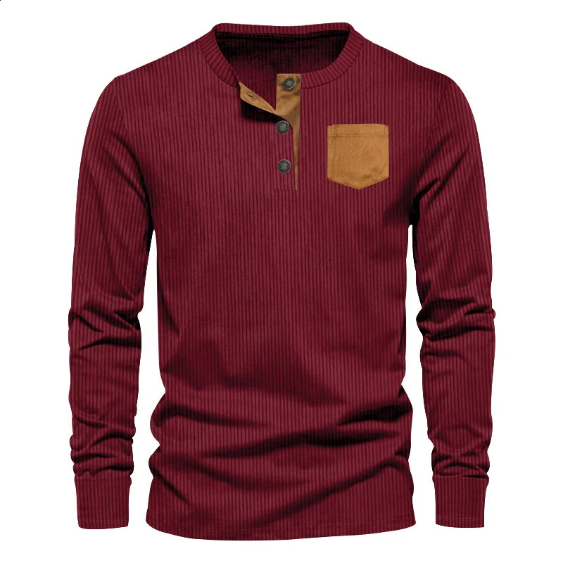 Spring Casual Mens Denim Henley Shirt for European and American Foreign Trade Long Sleeve Patch Bag Tshirt 240823