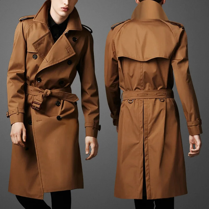 Double Breasted Classic Extended Mens Windbreaker Coat Belt British Style Windcheater Brown Business Casual X-long Jacket Men 240822
