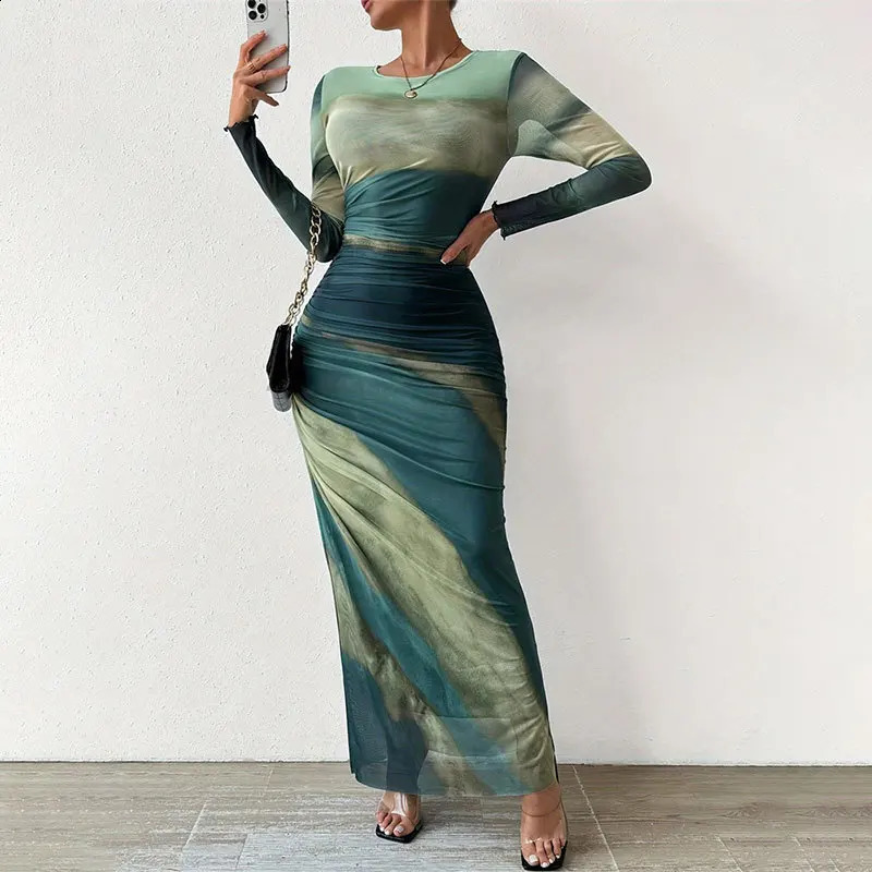 LnstLike Mesh Folding Sexy Tie Dye Womens Long Skirt Perspective Bodycon Round Neck Long Sleeve Summer Party Temperament Dress 240823