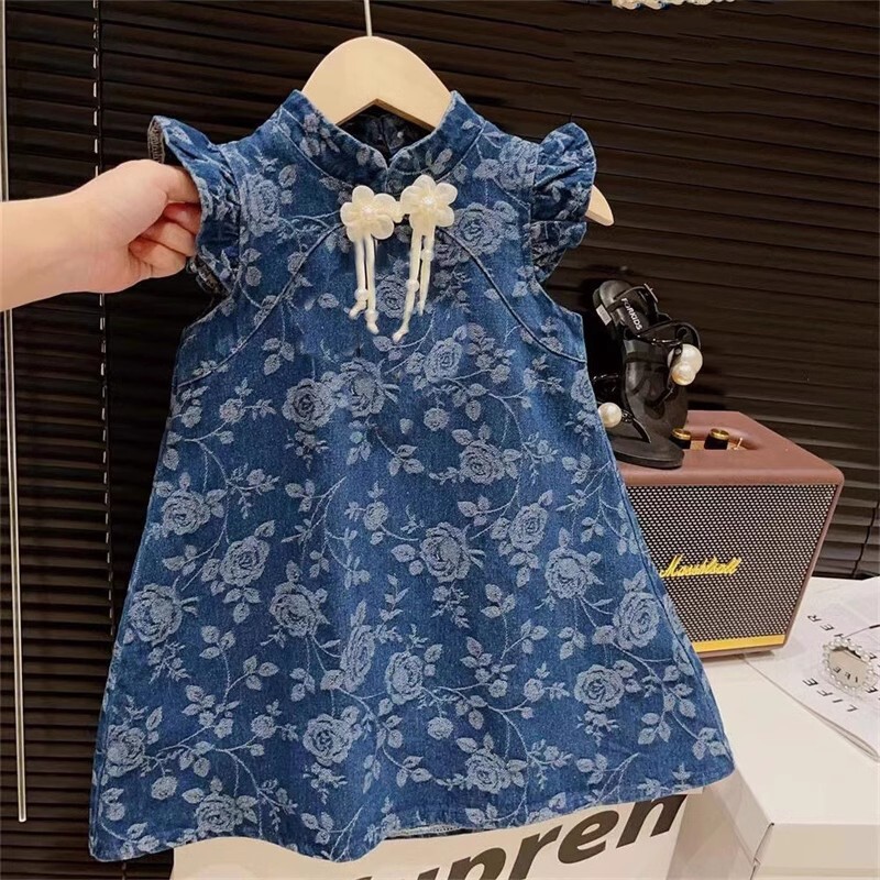 New Girl's National Style wer Jacquard Chinese Knot Button Flying Sleeves Princess Qipao 2024 Summer Dress F32-08.23