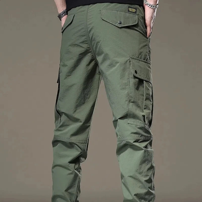 SpringSummer Solid Color Elastic Waist Brushed Mens Pocket Chaopai Bound Feet Casual Thin Cargo Pants 240823