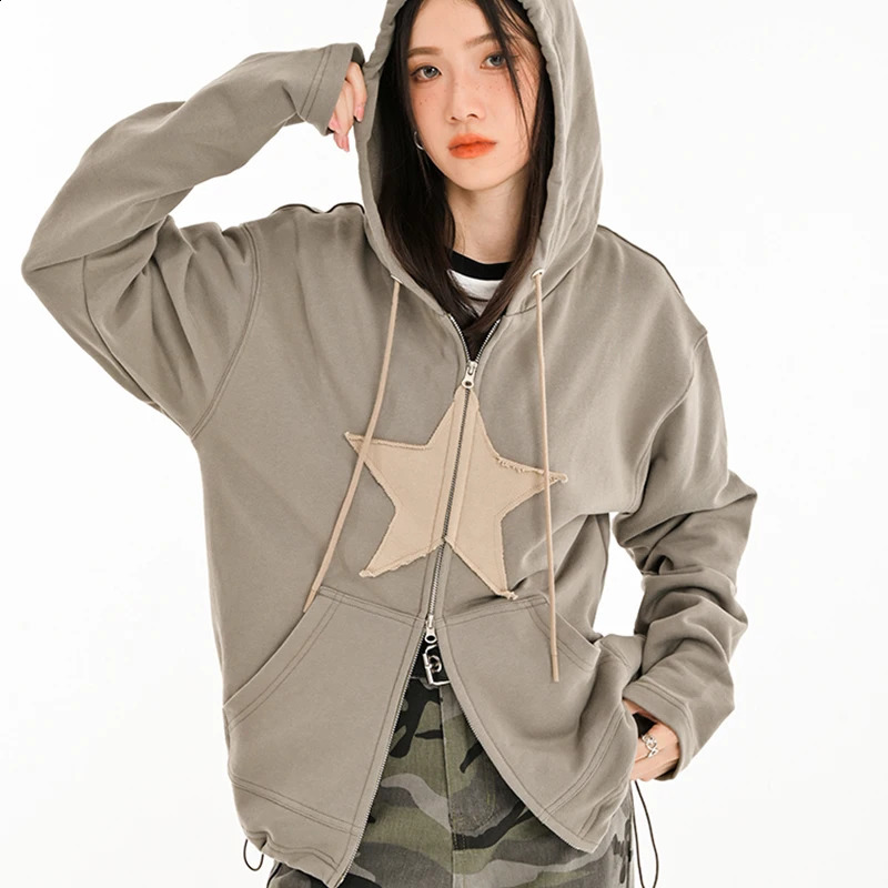 Womens Sweatshirt Y2k Hip Hop Zip up Hoodie Star Patch Cotton Mens Loose Tops Harajuku Punk Gothic Clothes Grunge Casual 240823