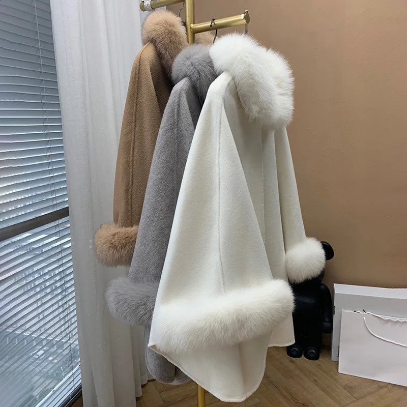 Arrivals Women Cape Fashion Cashmere Wool Poncho Lady Real Fox Fur Cloak Streetwear Shawls QN3670 240822