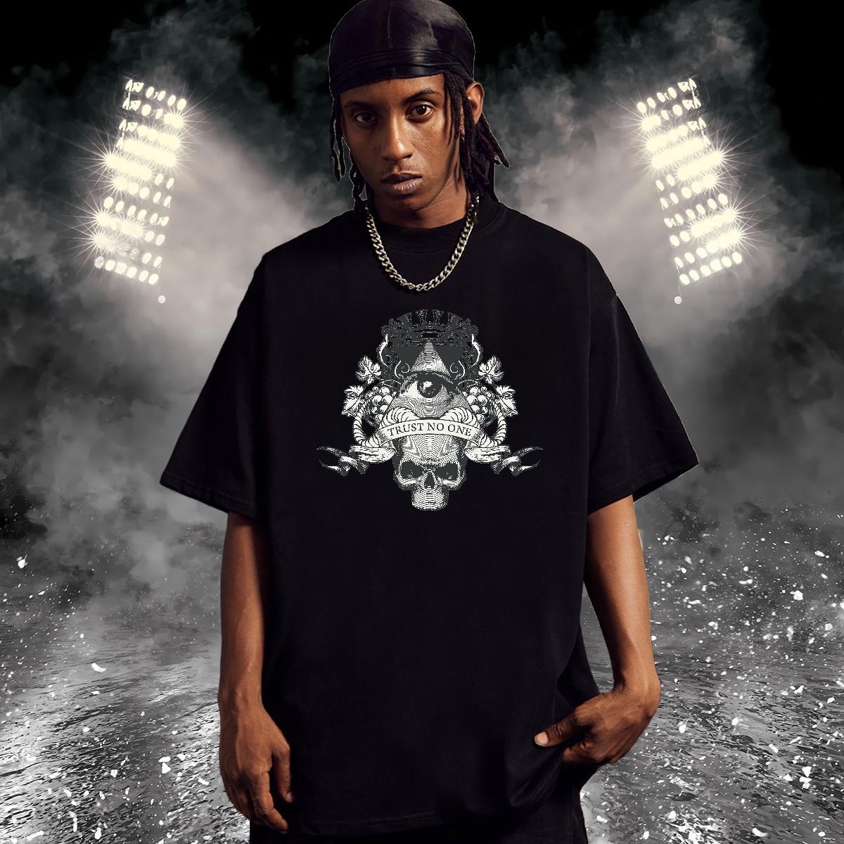 Classic Mens T Shirts 230g Pure Cotton skull High Street Hip Hop Floral Print Crew Neck Mens Tshirts Fashion Casual Tees