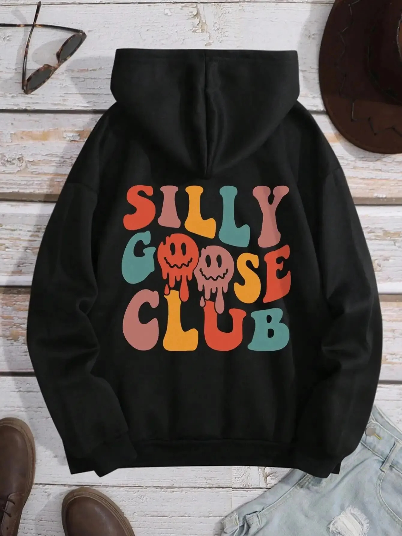 Silly Goose Club Letter Graphic Hoody Male Vintage Crewneck Sweatshirt Autumn Oversize Hooded Comfortable Men Streetwear 240822