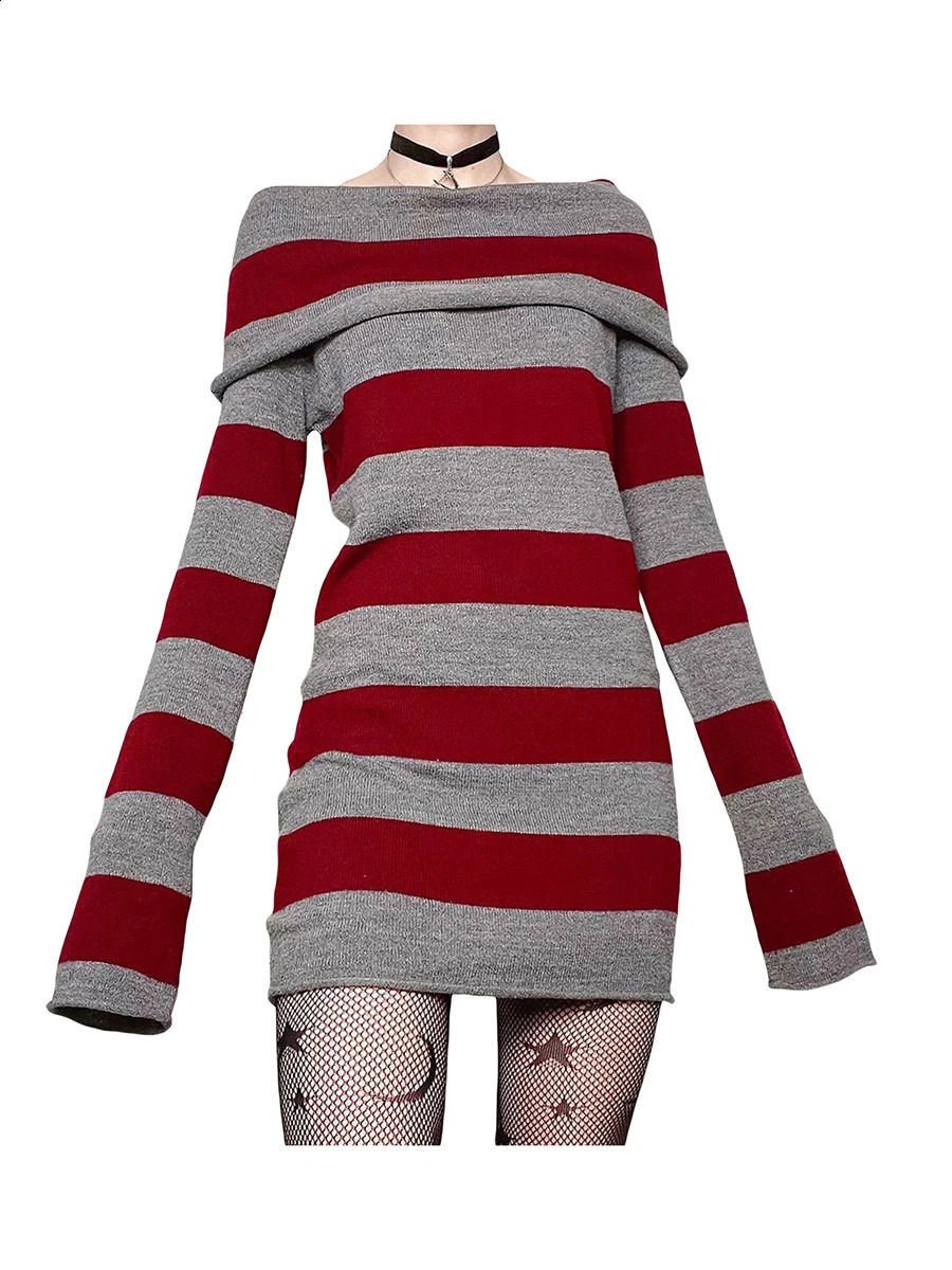 Women Y2K Knit Mini Dress Striped Long Sleeve Off Shoulder Bodycon Short Sweater Dress Trendy Night Club Streetwear 240823