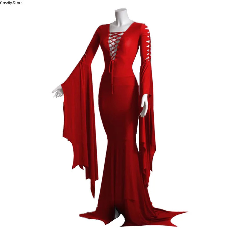 S-5XL sexy witch ghost Halloween costume Morticia Addam Gothic Maxi dress pagan elf black lace womens dress 240823