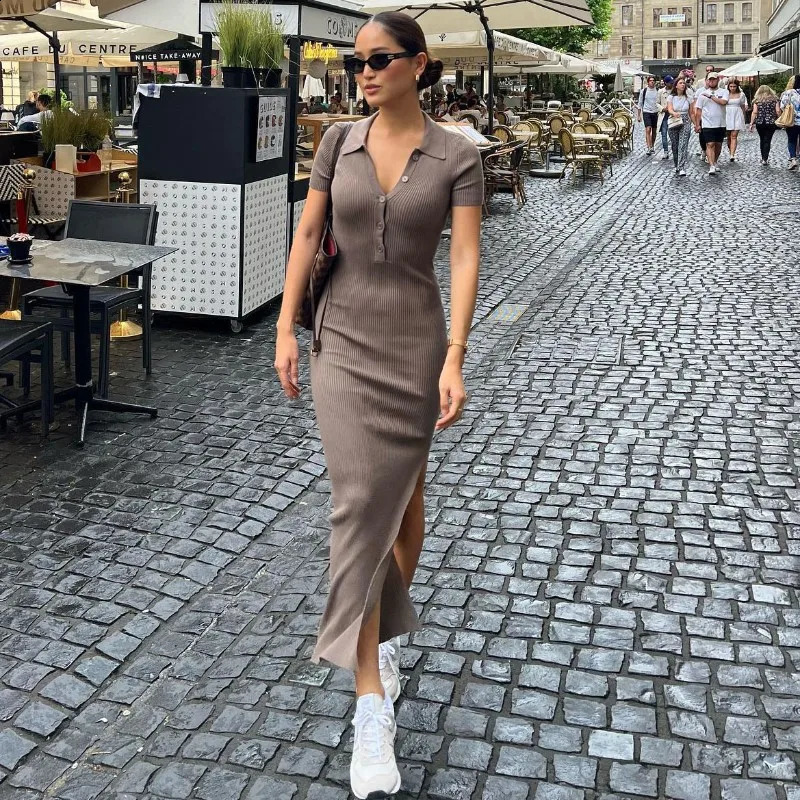 NSANGU Women Sexy Solid Fashion Turn-down Collar Short Sleeve Side Slit Body-Shaping Streetwear Elegant Long Cotton Dress 240823
