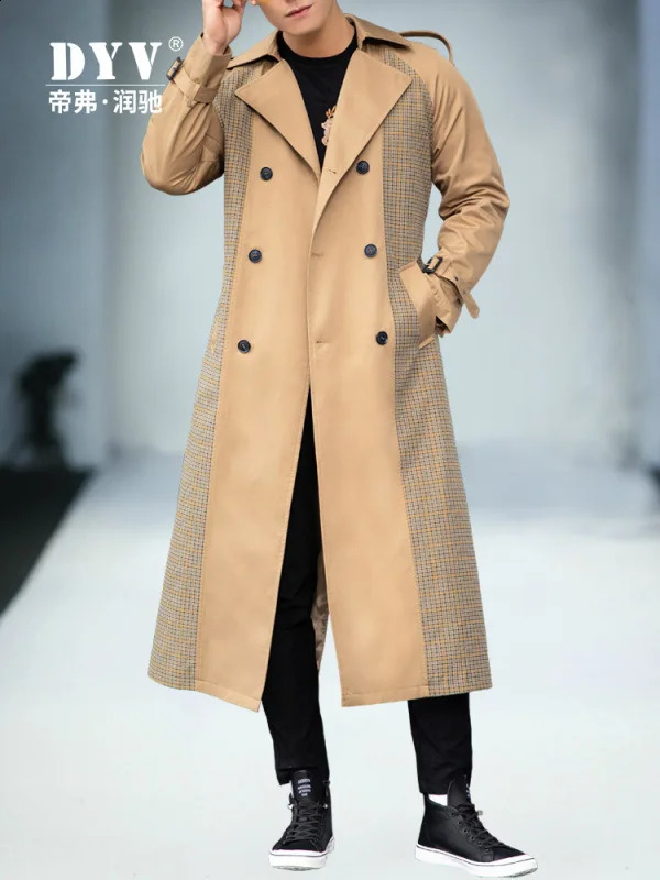 Autumn Winter Men Trench Plaid Patchwork n Coat Smart Casual British Style Double Breasted Outwear Turn-down Collar 240822