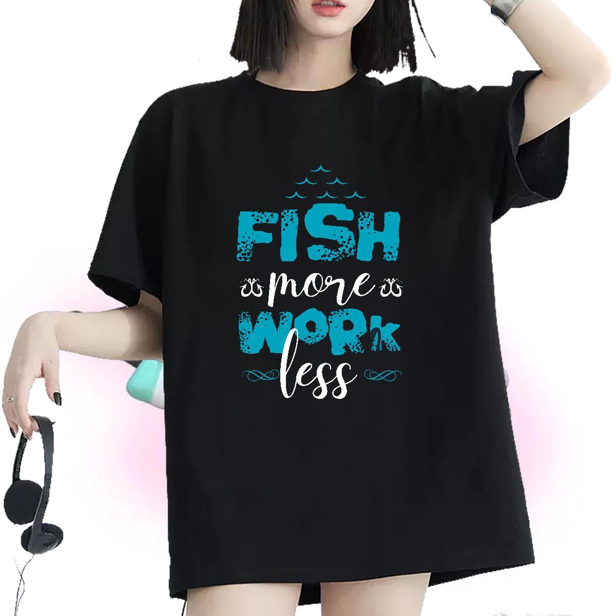 High quality Women Tshirts 230g Cotton fish Casual Daily Wear T-Shirts Crew Neck Breathable DIY Anime Printed Tops Tees