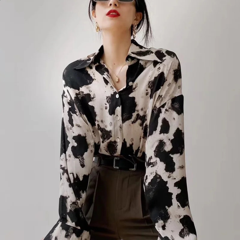 Denim print button womens spring plus size top Korean fashion clothing chiffon street long sleeved shirt 13486 w240824