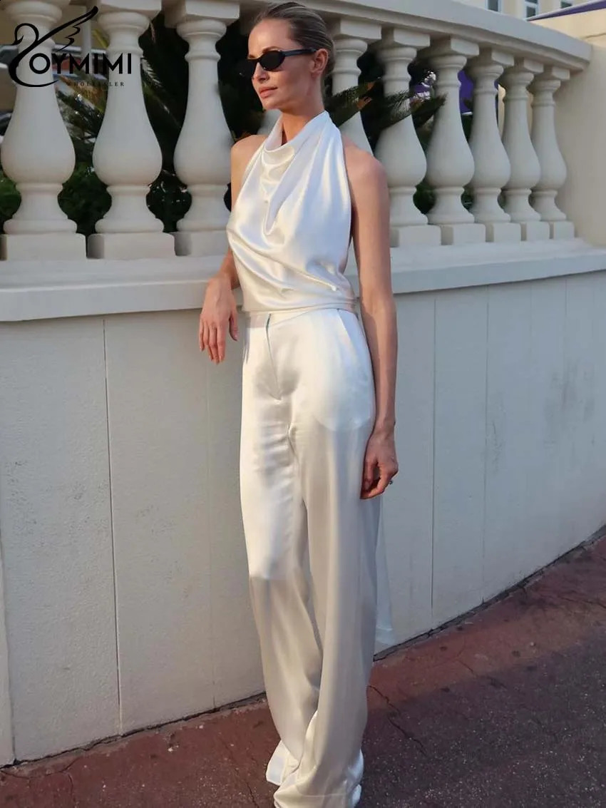 Oymimi Elegant White Satin 2 Piece Sets Women Outfit Fashion Halter Neck Open Back Tops And High Waist Simple Straight Pants Set 240822