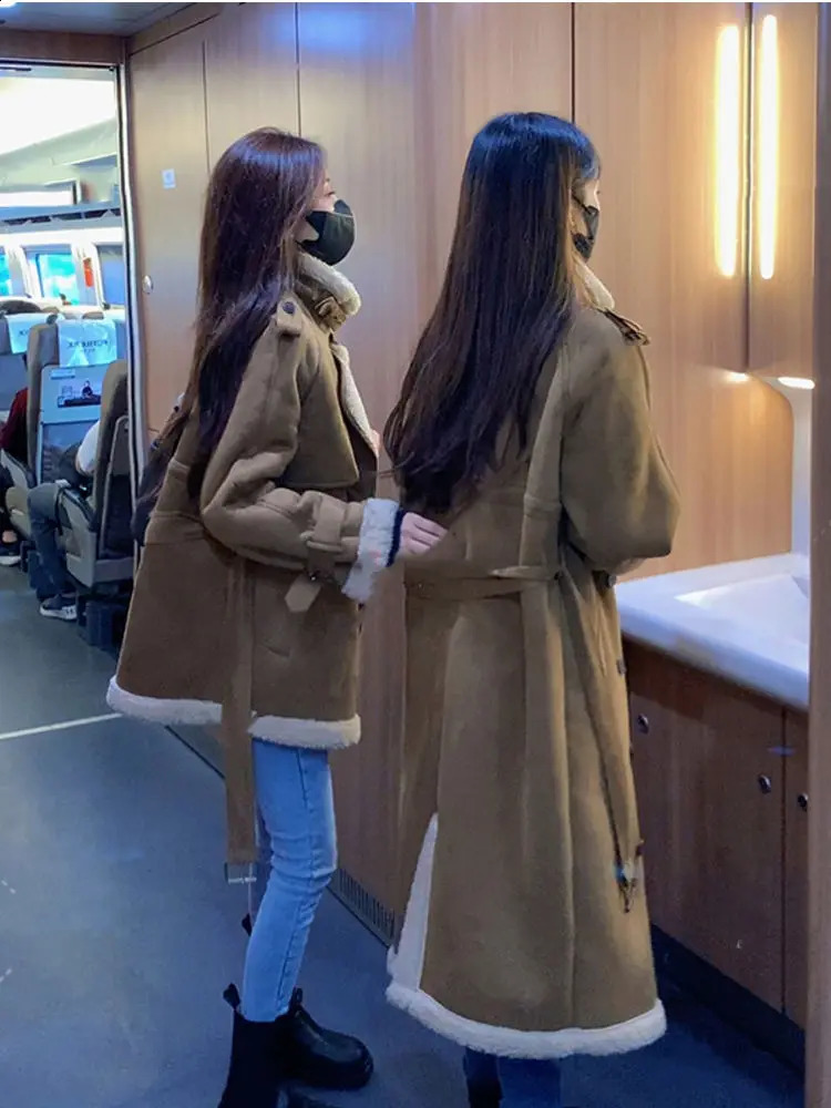 Lamb Suede Fleece Overcoat Women Autumn Winter Medium Length Plush Thicken Jacket Fur Long Lamb Wool Coat With Cashmere Outwear 240822