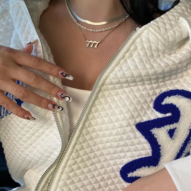 90s Goth Zip Sweatshirt Star Blue Letter Printed Men and Women Coat Retro Y2k couple Harajuku Top clothing trendy Hoodies 240822