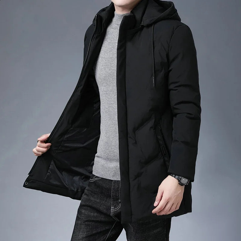 Fashion Men Long Parkas Coat Solid Slim Fit Warm Thicken Jacket Outwear Windproof Hooded Cottonpadded Zipper Windbreaker 241126