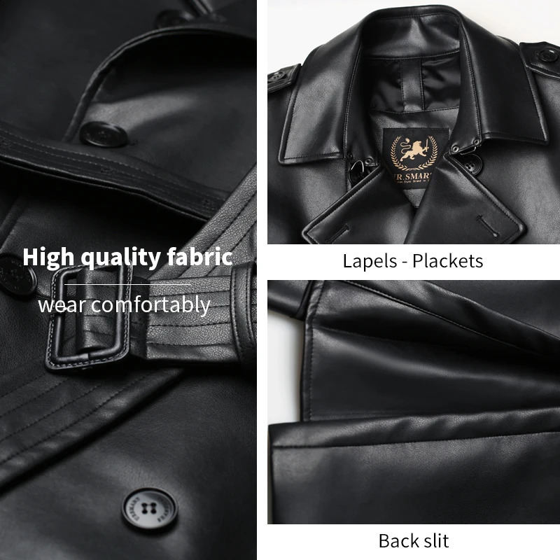 mens leather trench coat long knee length double breasted classic british fashion jacket thickened down vest leather windbre 240822