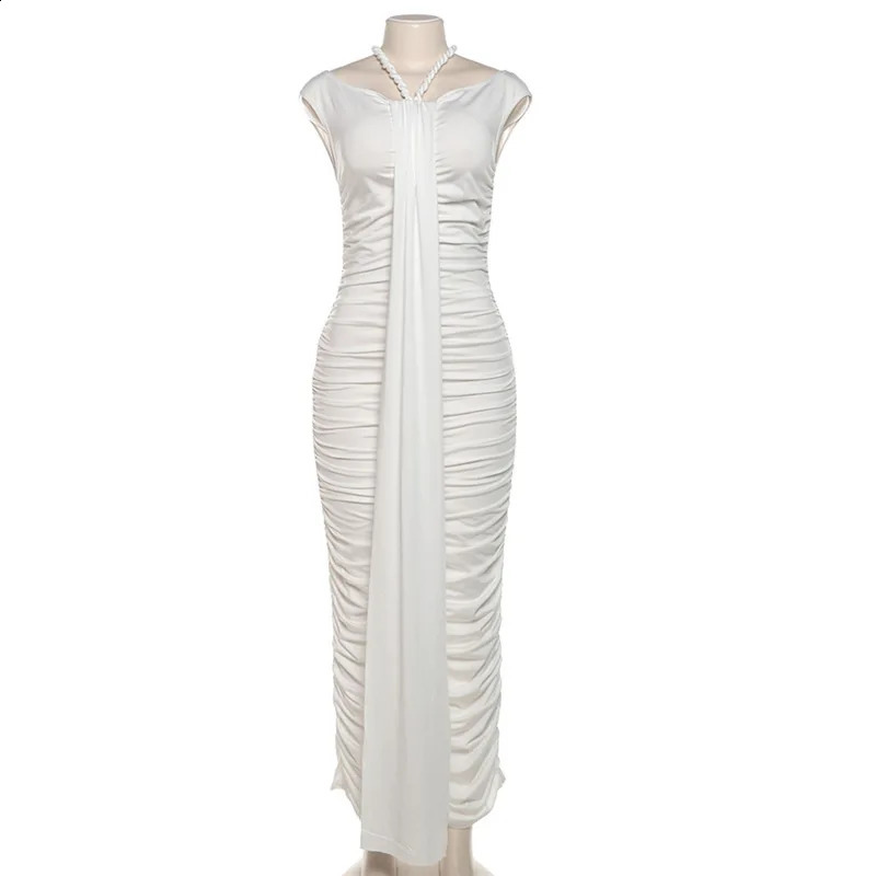 Ruched Ribbon Maxi Dress Women Summer Off Shoulder Short Sleeve Slim Bodycon Vestidos Solid Evening Party Long Robe Clubwear 240823