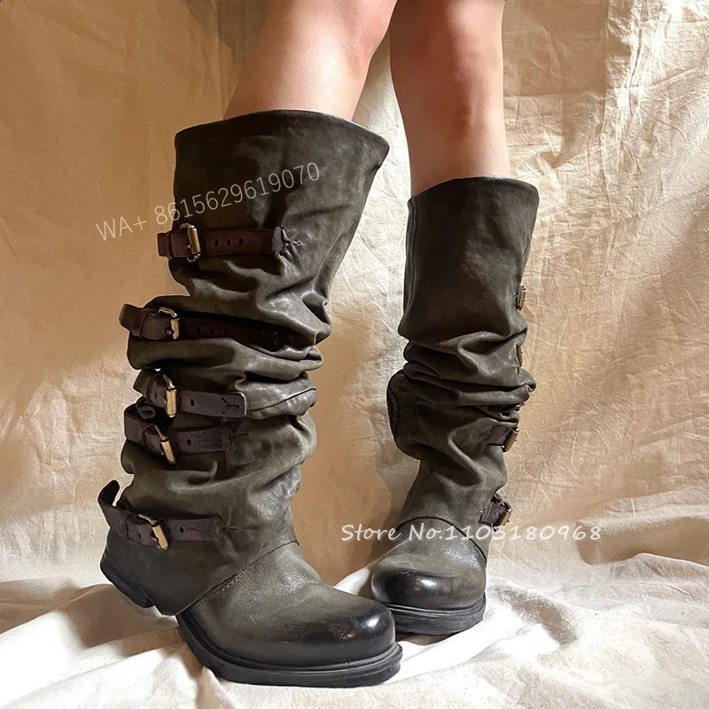 Retro belt buckle knee high boots for women round toe stacked western leather boots autumn winter pleated chicken shoes 240823