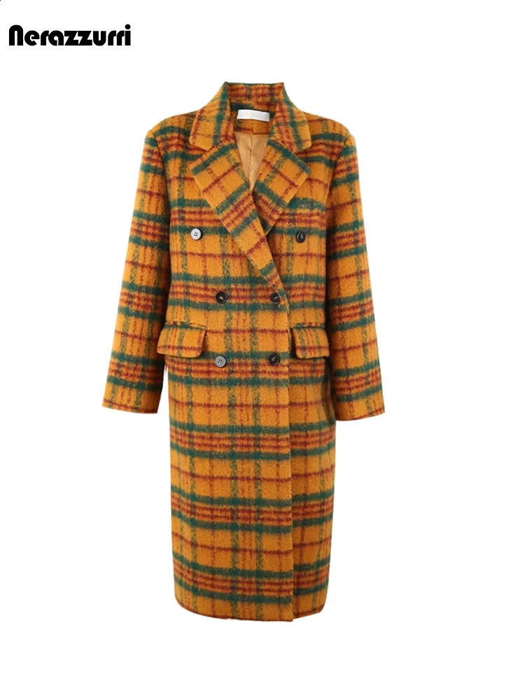 Nerazzurri Autumn Winter Long Loose Casual Colorful Thick Warm Soft Plaid Woolen Coat Women Double Breasted Korean Fashion 240822