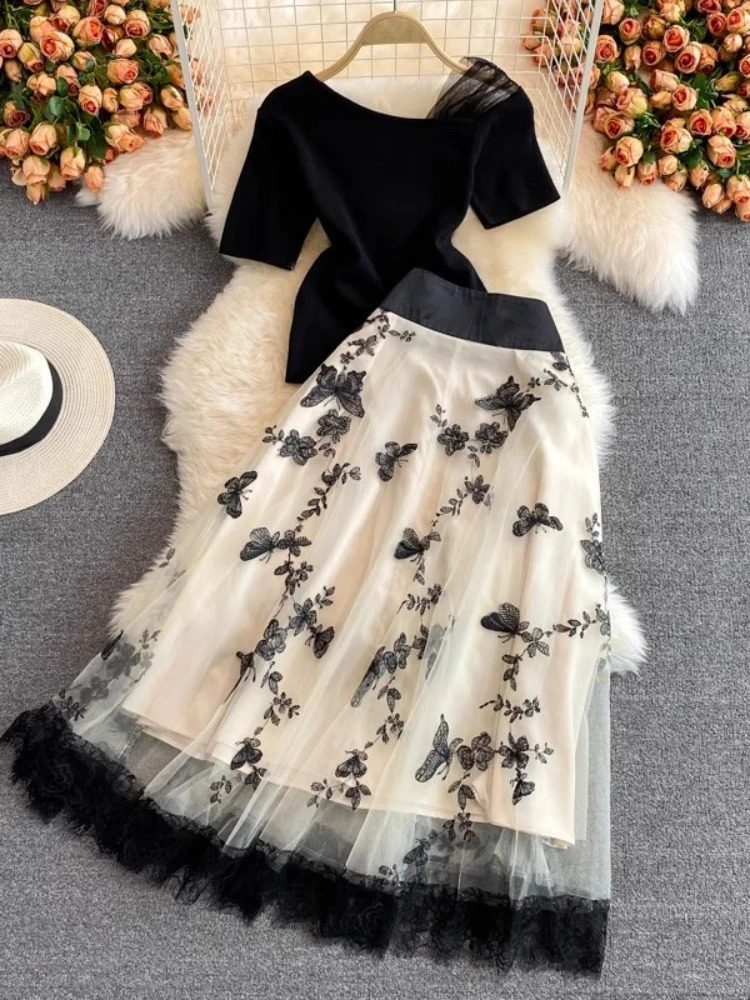 Summer Elegant Two Piece Sets Women Diagonal Neck Short Sleeve Shirt Vintage Butterfly Embroidered High Waist Mesh Skirt Suits 240823