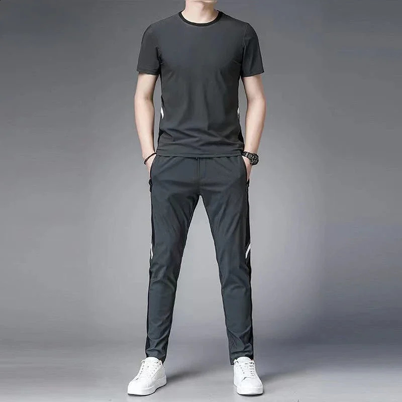 Pants Sets Gym Clothes for Men Jogging Tracksuit No Male T Shirt Smooth Top Black Sports Suits Fashion Kpop in Matching 240822