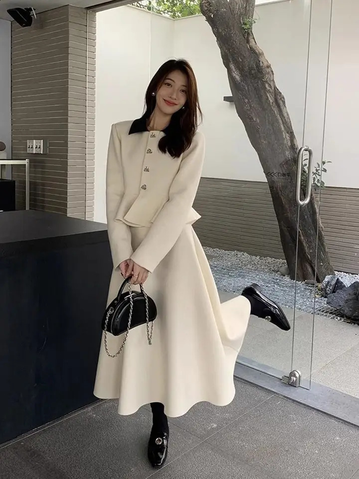 Petite Elegant Socialite High-End Chic Style Jacket and Skirt Professional Korean Drama Two-Piece Set for Women Autumn Winter 240823