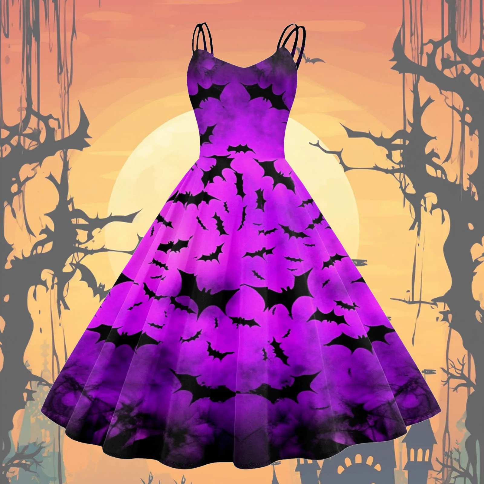 Vintage Swing Dress For Women Knee Length Halloween Print Sleeveless 1950s Housewife Evening Prom Dress Gothic Gown Vestidos 240823