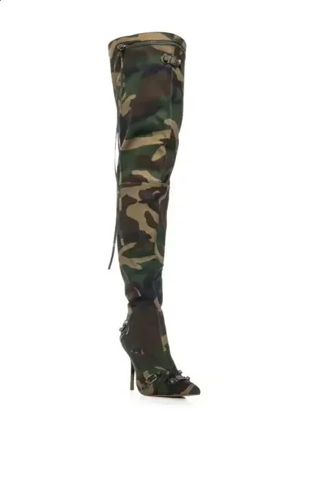 Camouflage lapel knee high boots canvas slim high heels buttoned corner shoes 240823