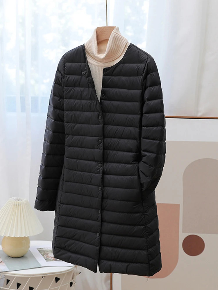 Womens winter coat autumn ultra light duck down jacket Oneck long sleeved inflatable windproof warm lining 240823