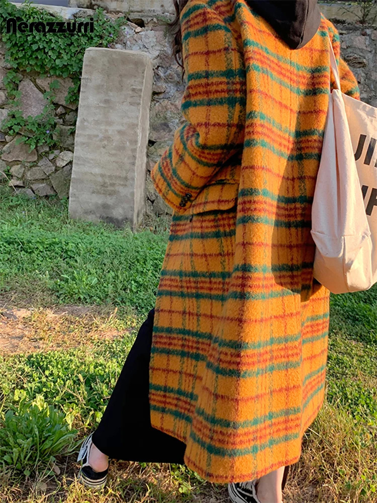 Nerazzurri Autumn Winter Long Loose Casual Colorful Thick Warm Soft Plaid Woolen Coat Women Double Breasted Korean Fashion 240822