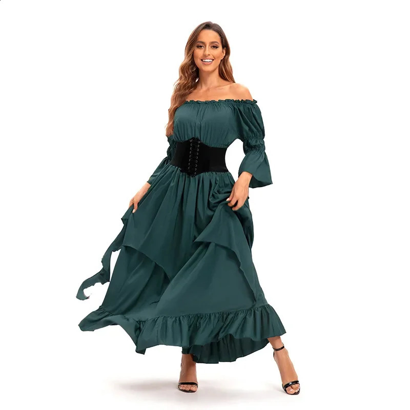 Retro womens shoulder tight corset waist Halloween dress in red black and green w240824