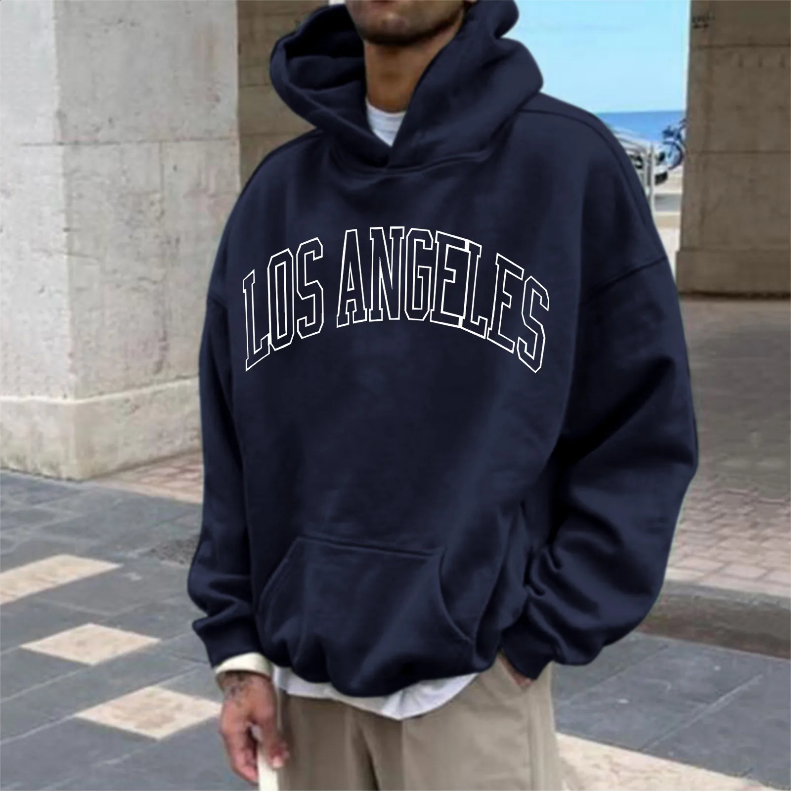 Men Hoodie Spring Autumn Hip Hop Los Angeles Printed Pocket Hooded Pullovers Oversize Streetwear Sports Hoodies Sweatshirts Male 240822