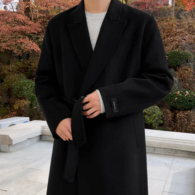IEFB Korean Chic Mens Thickned Woolen Cloth Coat Casual Loose Bleted Double Breasted Jackets Loose fit Overcoat 240822