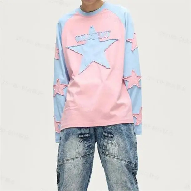 Harajuku Star Embroidered Long Sleeve T-shirt Y2K Set Womens Contrast Patch Long Sleeve College Casual Long Sleeve Mens Top 240823