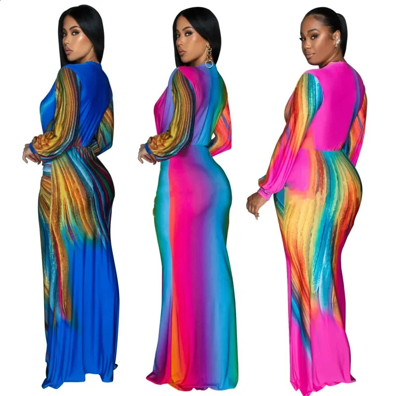Bohemian Gradient V Neck Lace Up Dress For Women Summer Sexy Slim Fit Long Sleeved Evening Dress Fashionable Pleated Long Dress 240823